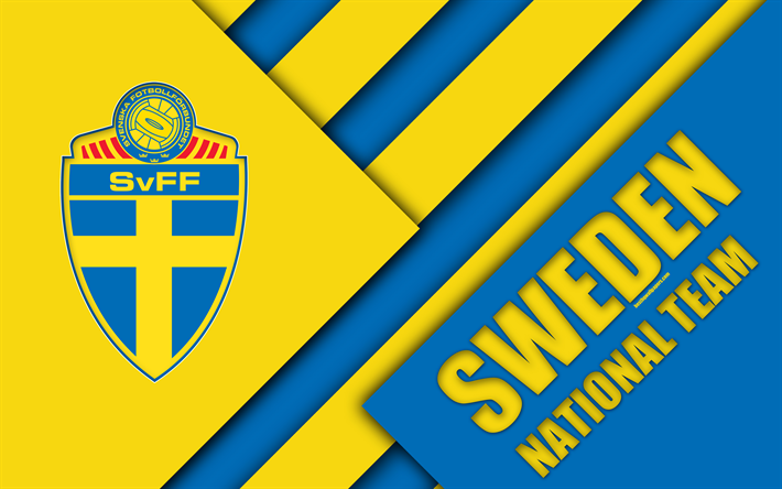 Ruotsin jalkapallomaajoukkue, 4k, tunnus, materiaali suunnittelu, sininen keltainen abstraktio, Ruotsin Jalkapalloliiton, logo, jalkapallo, Ruotsi, vaakuna