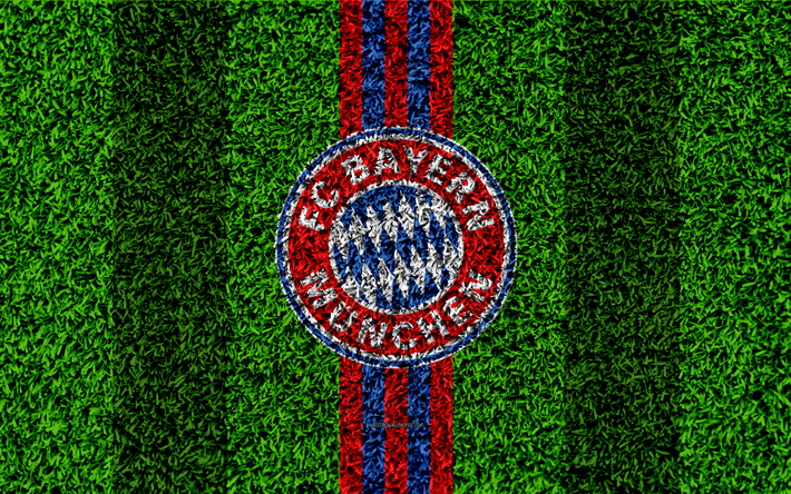 FC Bayern Munich, 4k, German football club, football lawn, logo, red white lines, emblem, grass texture, Bundesliga, Munich, Germany, football