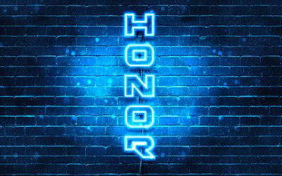 4K, l&#39;Honneur bleu logo, texte vertical, bleu brickwall, l&#39;Honneur n&#233;on logo, cr&#233;ative, l&#39;Honneur, logo, illustration, Honneur