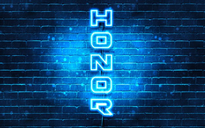 4K, Honor blue logo, vertical text, blue brickwall, Honor neon logo, creative, Honor logo, artwork, Honor