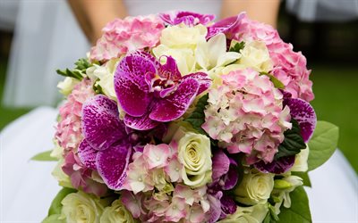 結婚式の蘭の花束, 花嫁, 結婚式の概念, ブライダルブーケ, 紫蘭, 結婚式の花束