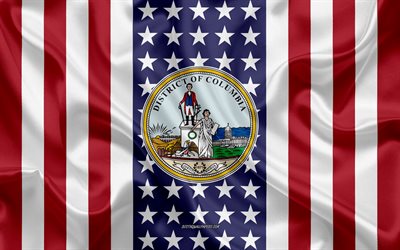 Washington Tiiviste, 4k, silkki tekstuuri, Amerikan Lippu, USA, Washington, Amerikkalainen Kaupunki, Sinetti Washington, silkki lippu