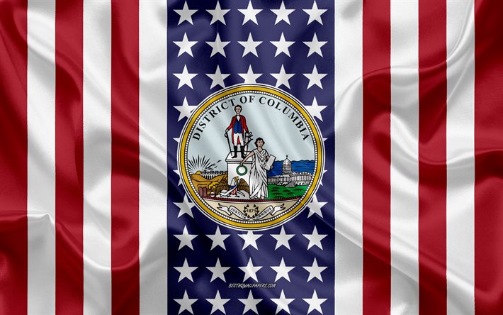 Washington Selo, 4k, textura de seda, Bandeira Americana, EUA, Washington, Cidade Americana, Selo de Washington, seda bandeira
