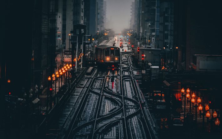 Chicago, tram lines, darkness, modern buildings, american cities, Illinois, America, Chicago at morning, USA, City of Chicago, Cities of Illinois