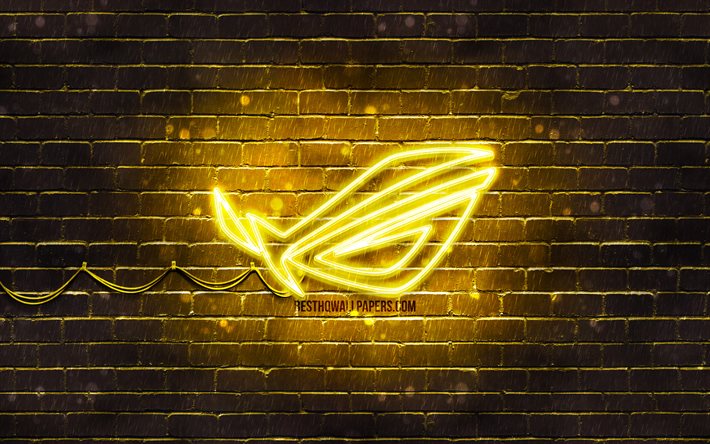 ROG logo amarillo, 4k, amarillo brickwall, Republic Of Gamers, ROG logotipo, marcas, ROG ne&#243;n logo de ROG