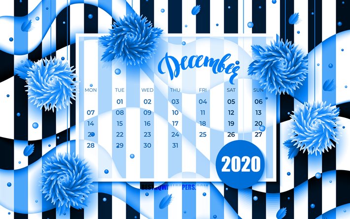December 2020 Calendar, 4k, blue 3D flowers, 2020 calendar, winter calendars, December 2020, creative, Calendar December 2020, artwork, 2020 calendars, 2020 December Calendar