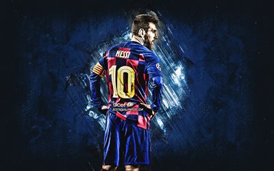 Lionel Messi, FC Barcelona, football world star, Barcelona leader, Argentinean soccer player, blue stone background, football, La Liga, Champions League, Leo Messi