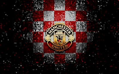 Manchester United FC, glitter logo, Premier Lig, kırmızı beyaz damalı arka plan, futbol, FC, Manchester United, İngiliz Futbol Kul&#252;b&#252; Manchester United, logo, mozaik sanatı, İngiltere