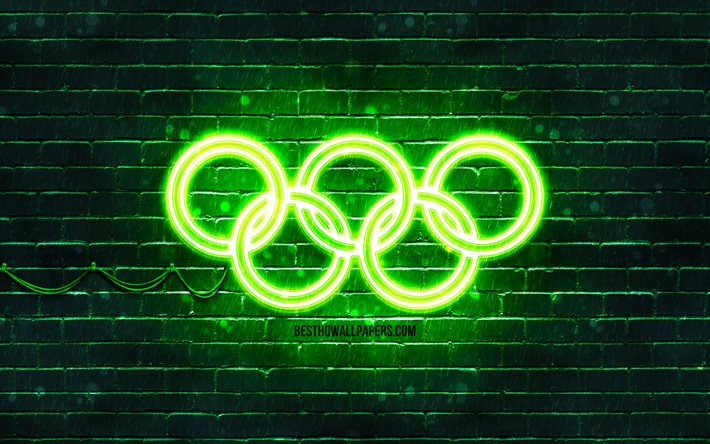 Green Olympic Rings, 4k, green brickwall, Olympic rings sign, olympic symbols, Neon Olympic rings, Olympic rings