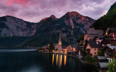 Hallstatt, 小さな村, 夜, 夕日, アルプス, 山の風景, オーストリア, Hallstatt湖