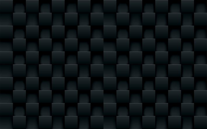 4k, black metal cubes, square textures, 3D textures, square patterns, cubes textures, black cubes, background with cubes