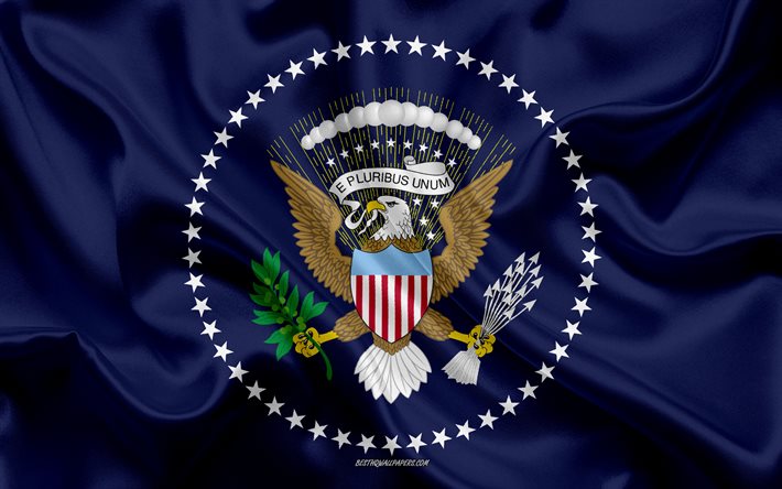 フラグの長United_States, 米大統領のフラグ, 4k, シルクの質感, 青色の絹の旗を, 米国記号, 米国, 米大統領紋