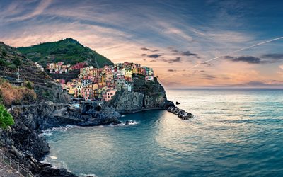 Manarola, Cinque Terre, Riomaggiore, evening, sunset, Ligurian coast, travel to Italy, seascape, Mountain landscape, La Spezia, Liguria, Italy