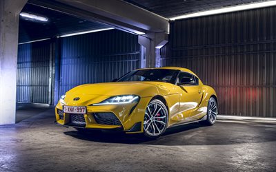 Toyota Supra, 2021, yellow sports coupe, front view, exterior, sports car, new yellow Supra, japanese cars, Toyota