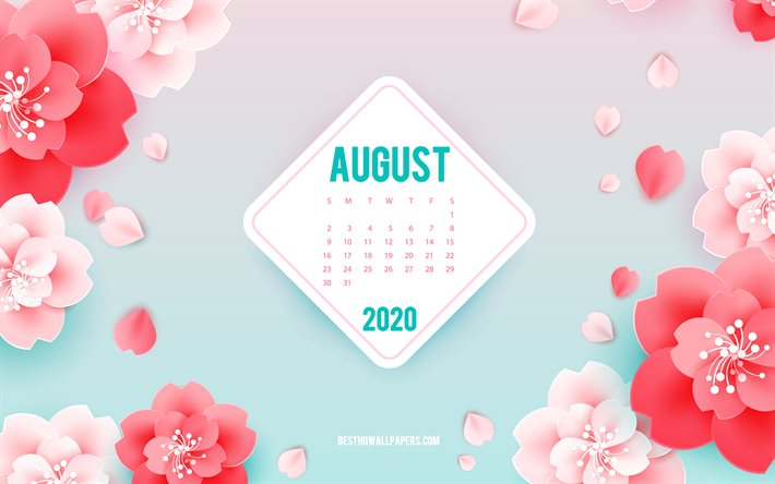 2020 august kalender, rosa blumen, fr&#252;hling, kunst, august, 2020-sommer-kalender, der sommer hintergrund mit blumen, august 2020 kalender, papier blumen