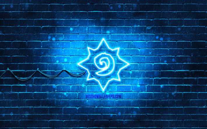 Hearthstone logo blu, 4k, blu, brickwall, Hearthstone, logo, giochi del 2020, Hearthstone neon logo