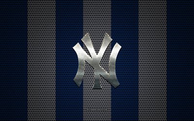 New York Yankees logo, American baseball club, metal emblem, blue white metal mesh background, New York Yankees, MLB, New York, USA, baseball