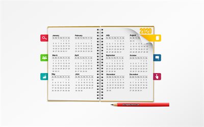 2020 Calendar, notepad, 2020 all months, Calendar for 2020, white background, 2020 concepts