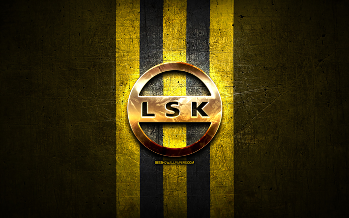 lillestrom fc, logo dorato, eliteserien, sfondo giallo in metallo, calcio, club di calcio norvegese, logo lillestrom sk, lillestrom sk
