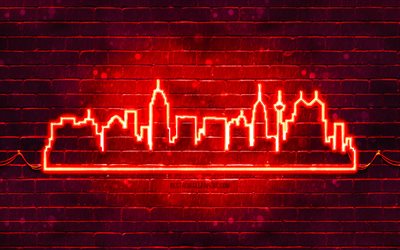 san antonio kırmızı neon siluet, 4k, kırmızı neon ışıklar, san antonio silueti silueti, kırmızı brickwall, amerikan şehirleri, neon silueti siluetleri, abd, san antonio silueti, san antonio