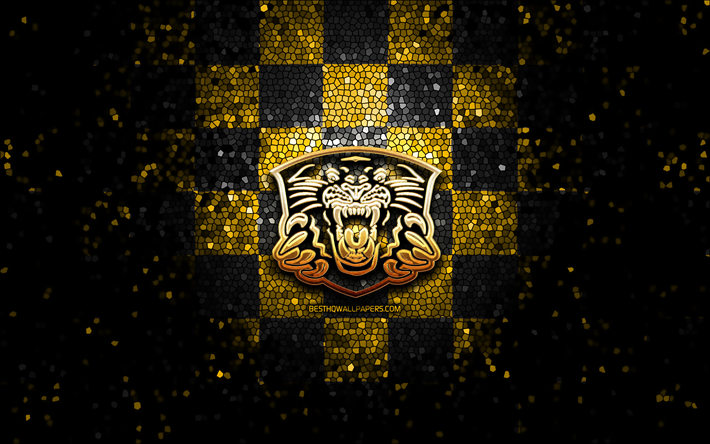 nottingham panthers, glitter logo, elite league, amarelo preto fundo quadriculado, h&#243;quei, time de h&#243;quei ingl&#234;s, nottingham panthers logo, arte em mosaico