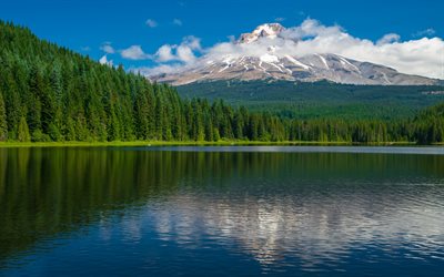 Trillium Lake, Mount Hood, spring, mountain lake, Cascade Range, mountain landscape, Oregon, USA