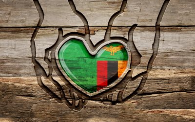 ザンビアが大好き, 4k, 木彫りの手, ザンビアの日, ザンビアの国旗, ザンビアに気をつけろ, クリエイティブ, ザンビアの国旗を手に, 木彫り, アフリカ諸国, ザンビア