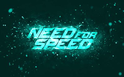 need for speed ​​logo turchese, 4k, nfs, luci al neon turchesi, creativo, sfondo turchese astratto, logo need for speed, logo nfs, need for speed
