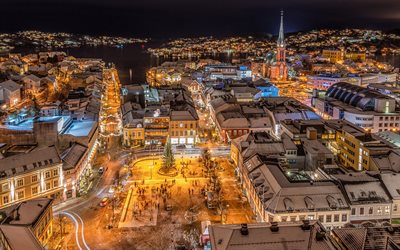arendal, trinity kilisesi, akşam, kış, arendal panoraması, arendal şehir manzarası, agder, norve&#231;