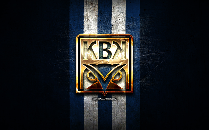 Kristiansund FC, golden logo, Eliteserien, blue metal background, football, norwegian football club, Kristiansund BK logo, soccer, Kristiansund BK