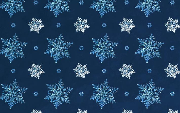 4k, fondo azul con copos de nieve, fondo de copos de nieve de invierno, copos de nieve de vidrio, fondo de copos de nieve, fondo de invierno azul