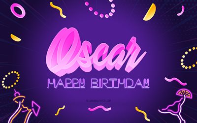 お誕生日おめでとうオスカー, 4k, 紫のパーティーの背景, オスカー, クリエイティブアート, オスカーの誕生日おめでとう, オスカー名, オスカーの誕生日, 誕生日パーティーの背景