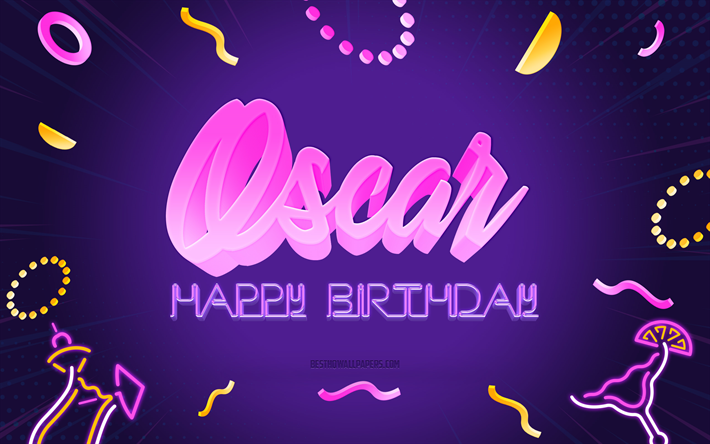 alles gute zum geburtstag oscar, 4k, lila partyhintergrund, oscar, kreative kunst, alles gute zum oscar-geburtstag, oscar-name, oscar-geburtstag, geburtstagsfeier-hintergrund