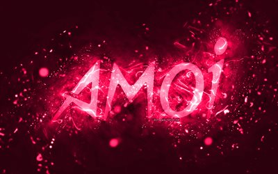 شعار amoi الوردي, 4k, أضواء النيون الوردي, خلاق, خلفية مجردة الوردي, شعار أموي, العلامات التجارية, أموي