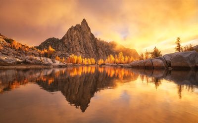mountain lake, evening, sunset, mountain landscape, mountains, forest, spring, rocks