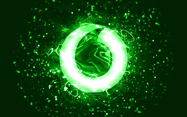 Vodafone green logo, 4k, green neon lights, creative, green abstract background, Vodafone logo, brands, Vodafone