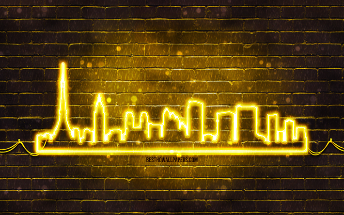 silueta de ne&#243;n amarillo de tokio, 4k, luces de ne&#243;n amarillas, silueta de horizonte de tokio, pared de ladrillo amarillo, ciudades japonesas, siluetas de horizonte de ne&#243;n, jap&#243;n, silueta de tokio, tokio