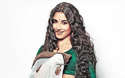 Vidya Balan, 4k, vector art, Bollywood, indian actress, celebrity drawings, Vidya Balan drawing, indian celebrity, movie stars, Vidya Balan 4K