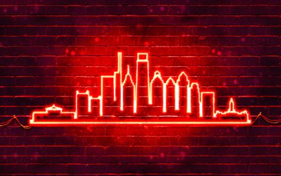Philadelphia red neon silhouette, 4k, red neon lights, Philadelphia skyline silhouette, red brickwall, american cities, neon skyline silhouettes, USA, Philadelphia silhouette, Philadelphia