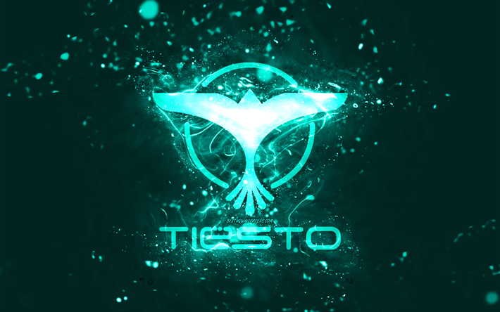 Tiesto turquoise logo, 4k, Dutch DJs, turquoise neon lights, creative, turquoise abstract background, DJ Tiesto logo, Tijs Michiel Verwest, Tiesto logo, music stars, DJ Tiesto