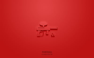 Paintball 3d icon, red background, 3d symbols, Paintball, sport icons, 3d icons, Paintball sign, sport 3d icons