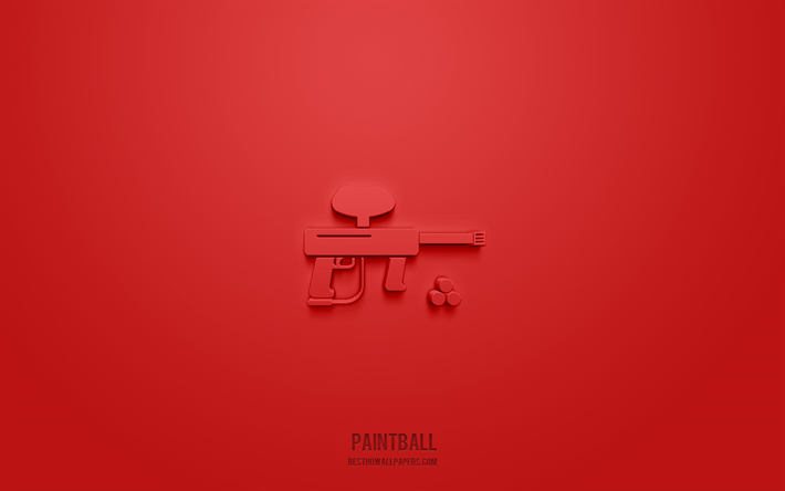 Paintball 3d icon, red background, 3d symbols, Paintball, sport icons, 3d icons, Paintball sign, sport 3d icons