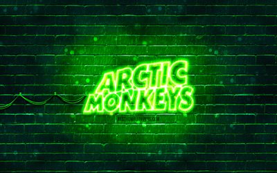 logo verde arctic monkeys, 4k, gruppo rock britannico, stelle della musica, muro di mattoni verdi, logo arctic monkeys, logo neon arctic monkeys, arctic monkeys