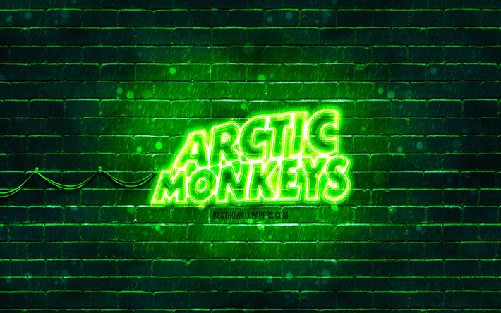 アークティックモンキーズの緑のロゴ, 4k, ブリティッシュロックバンド, 音楽スター, 緑のレンガの壁, アークティックモンキーズのロゴ, アークティックモンキーズのネオンロゴ, アークティック・モンキーズ