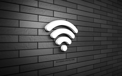 wi-fi3dアイコン, 4k, 灰色のレンガの壁, クリエイティブ, 3dアイコン, wi-fiアイコン, 3dアート, wi-fi