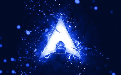archlinuxダークブルーのロゴ, 4k, ダークブルーのネオンライト, クリエイティブ, 濃い青の抽象的な背景, archlinuxロゴ, linux, arch linux