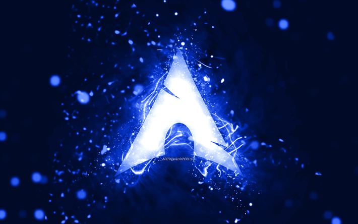 dunkelblaues logo von arch linux, 4k, dunkelblaue neonlichter, kreativer, dunkelblauer abstrakter hintergrund, logo von arch linux, linux, arch linux