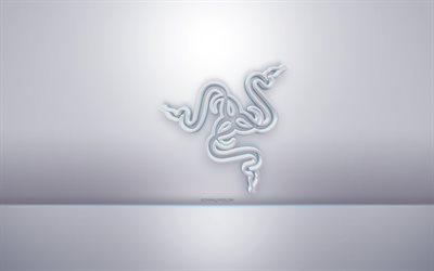 Razer 3d white logo, gray background, Razer logo, creative 3d art, Razer, 3d emblem, Razer emblem