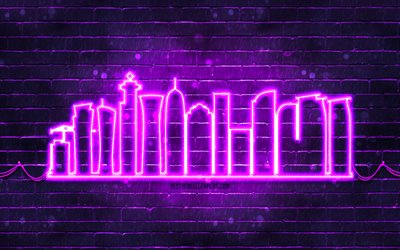 Doha violet neon silhouette, 4k, violet neon lights, Doha skyline silhouette, violet brickwall, qatari cities, neon skyline silhouettes, Qatar, Doha silhouette, Doha