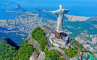 コルコバードのキリスト像, 銅像, リオデジャネイロ, ブラジル, 4k, ベクトルアート, クリエイティブアート, ベクトル描画, リオデジャネイロのパノラマ, リオデジャネイロの街並み